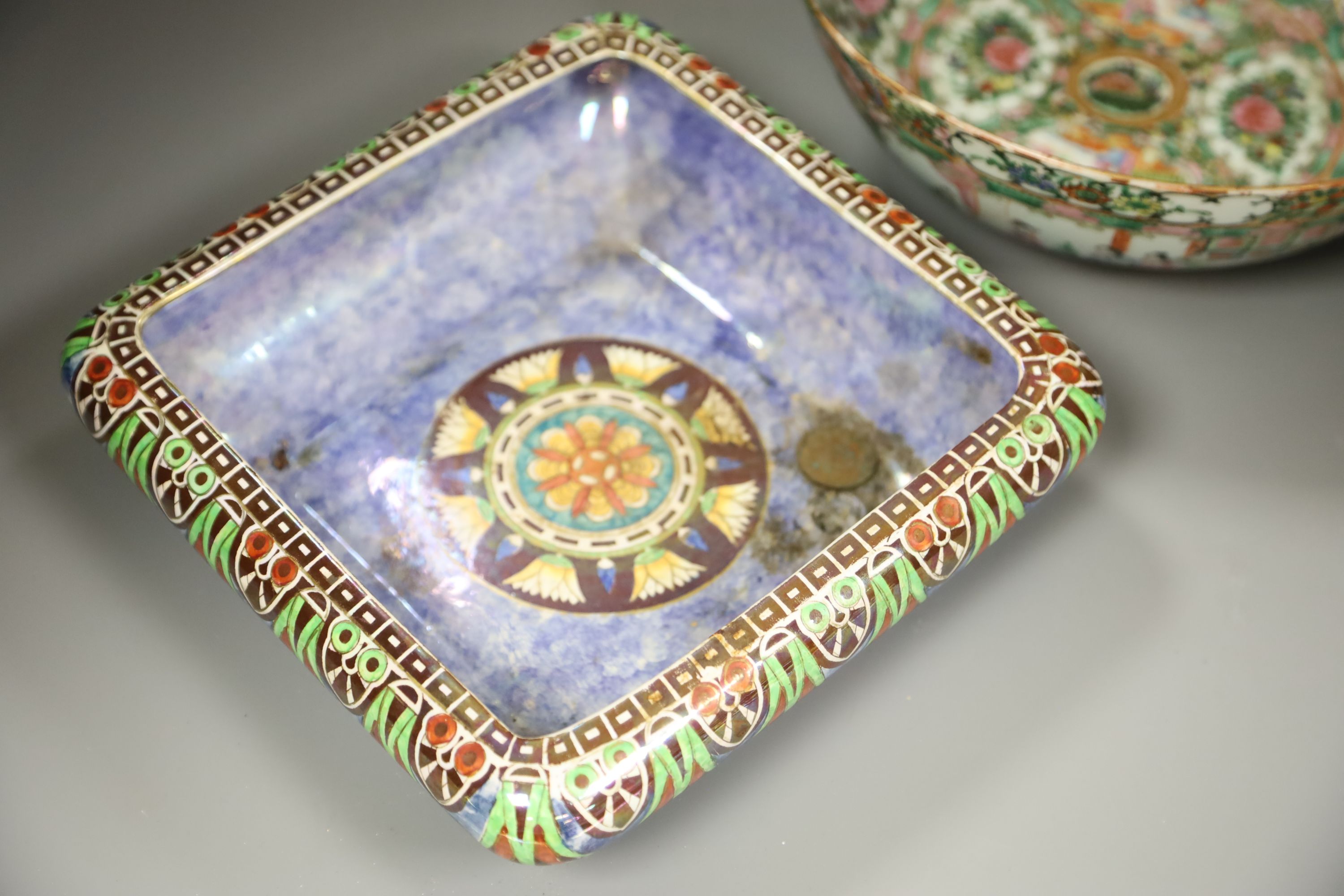 A late 19th century Cantonese famille rose bowl and a Royal Winton lustreware bowl, diameter 26cm